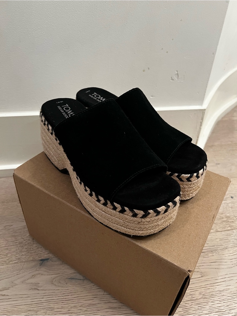 Tom’s Suede Black Espadrille Platform Slide Sandals